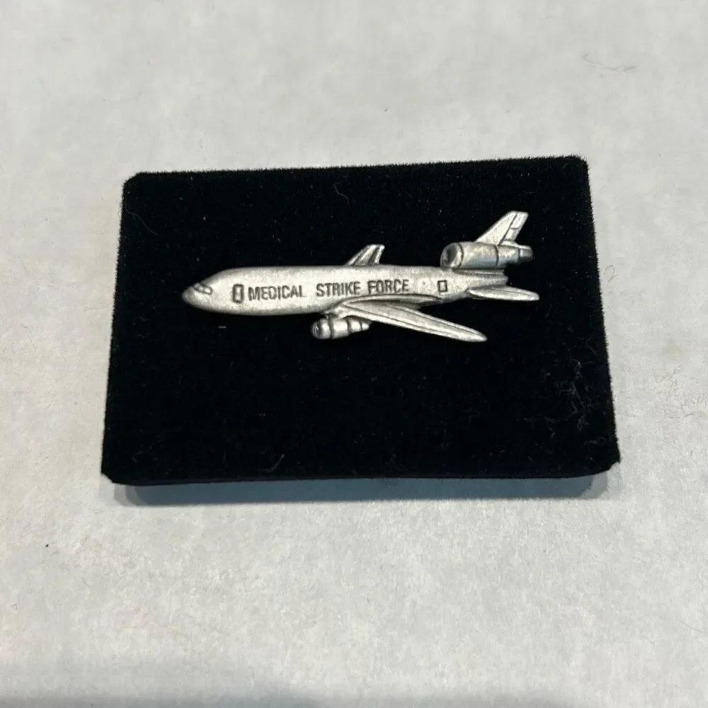 Vtg Airplane Medical Strike Force Lapel Pin DC-10 Silver Tone Jet Clutch Back